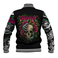 Black unisex skull baseball jacket back, striped rib hem and cuffs, large colorful skull graphic