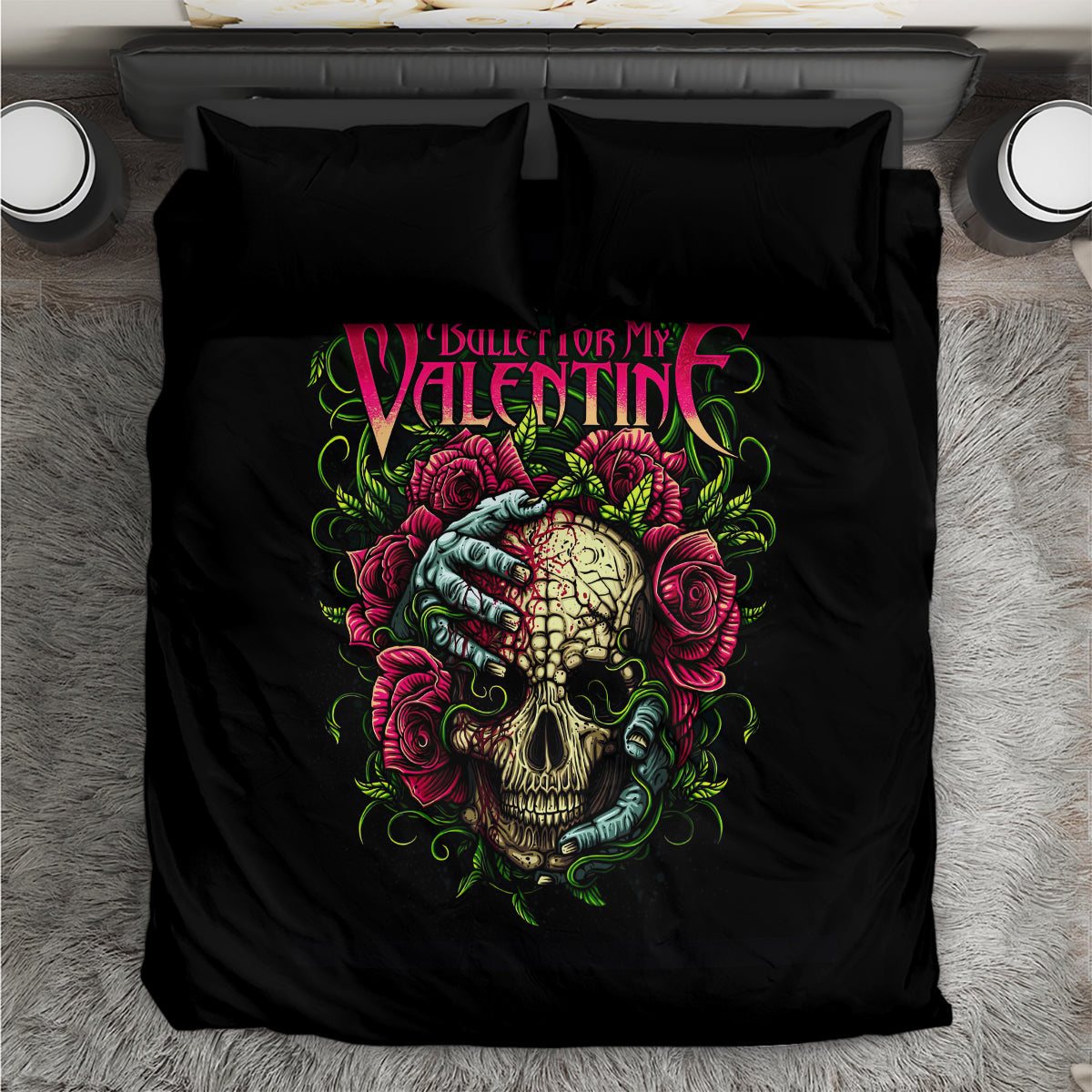 Black skull bedding set with rose hand artwork; duvet cover and pillowcases