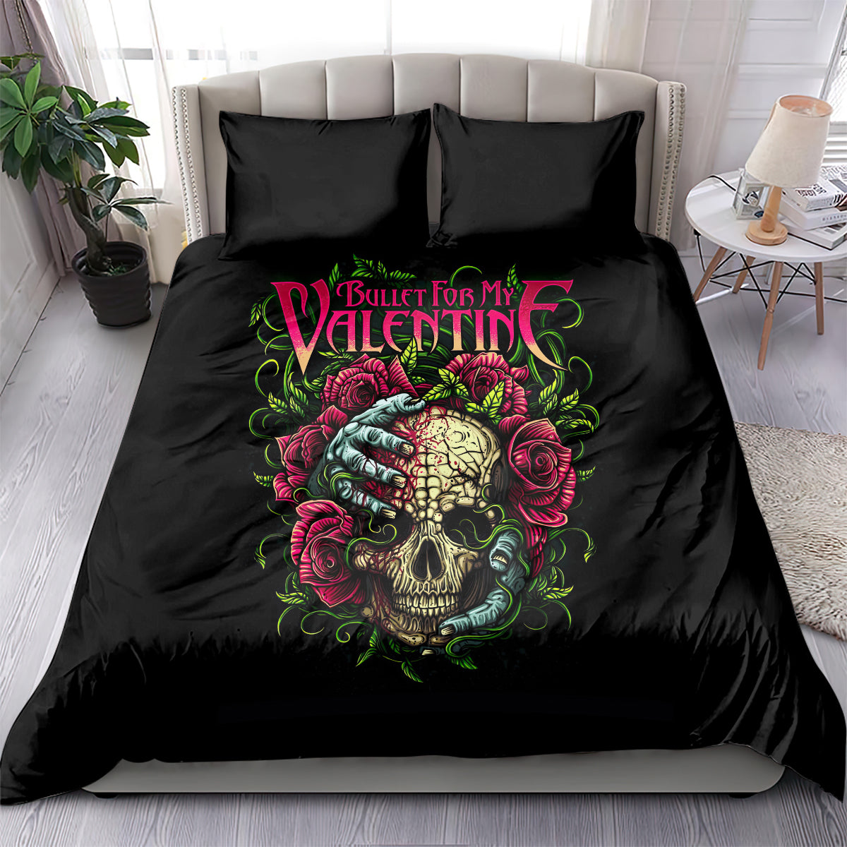 Black skull bedding set with roses and hand graphic, duvet cover and matching pillowcases