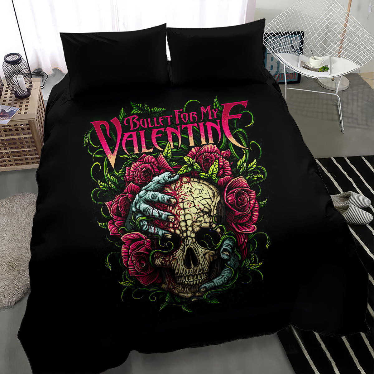 Black duvet cover with skull, roses, and colorful hand print; two pillowcases