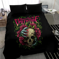 Black duvet cover with skull, roses, and colorful hand print; two pillowcases