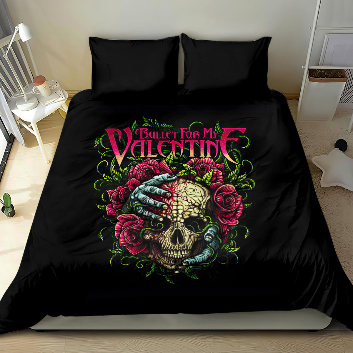 Black bedding set featuring skull with roses and swirling accents; duvet cover and 2 pillows