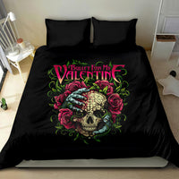 Black bedding set featuring skull with roses and swirling accents; duvet cover and 2 pillows