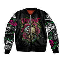 Black bomber jacket with front skull rose graphic, ribbed collar and cuffs, patterned sleeves