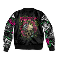 Black bomber jacket with back skull rose artwork, ribbed hem, patterned sleeves
