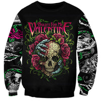 Black unisex crewneck sweatshirt with skull-and-roses front and patterned sleeves