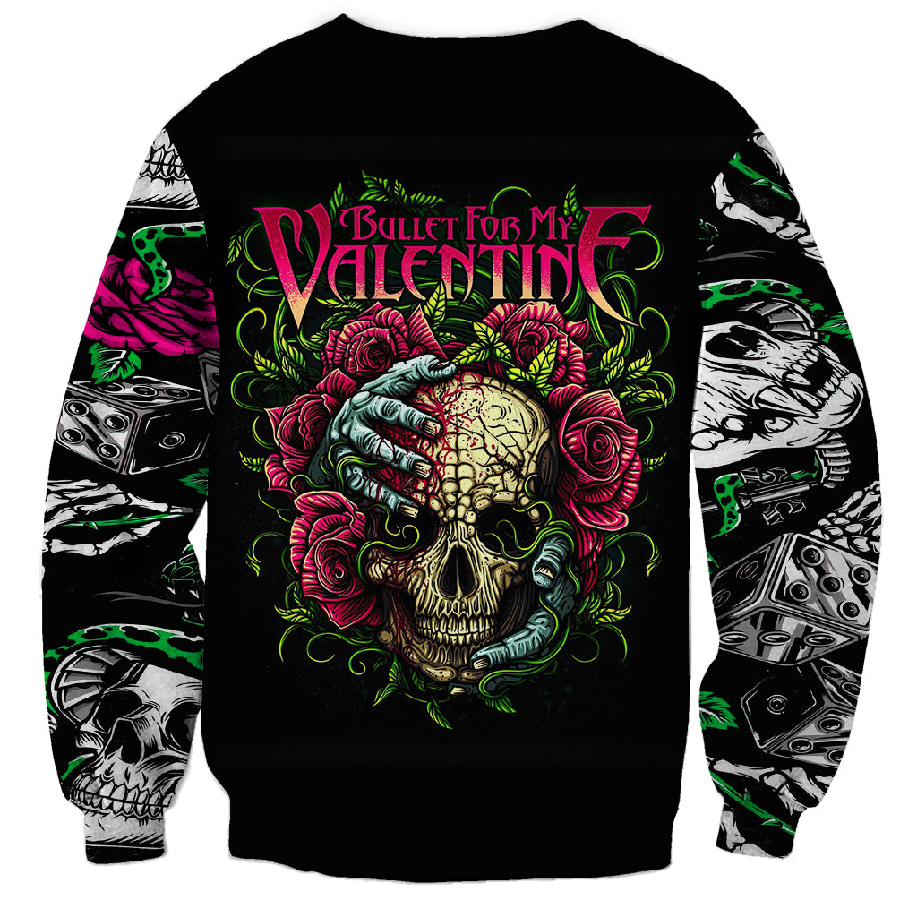 Black unisex crewneck sweatshirt with central skull illustration and red rose accents