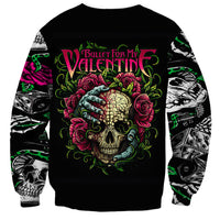 Black unisex crewneck sweatshirt with central skull illustration and red rose accents