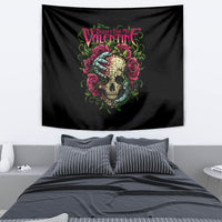 Black tapestry wall hanging featuring a detailed skull with roses and vines