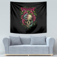 Black hanging tapestry showing a colorful skull surrounded by roses and green vines