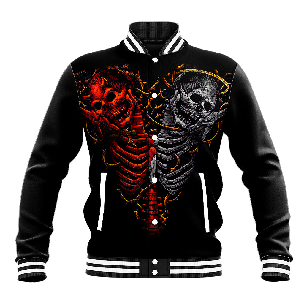 Unisex black skull baseball jacket with red devil and angel ribcage graphic