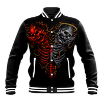 Unisex black skull baseball jacket with red devil and angel ribcage graphic