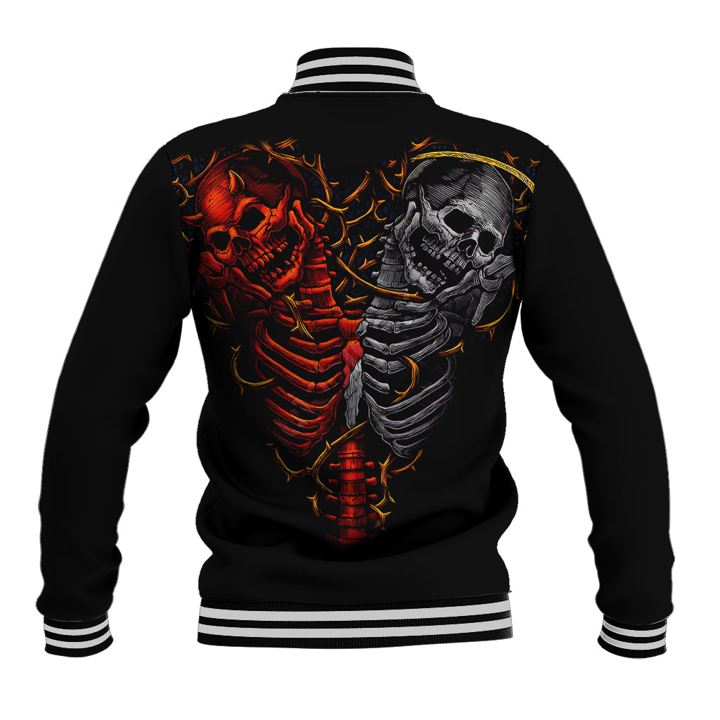 Unisex black skull baseball jacket, back view with devil and angel skeleton art