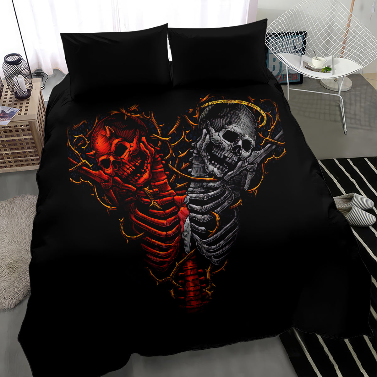 Twin black duvet set with centered devil and angel skull split skeleton design