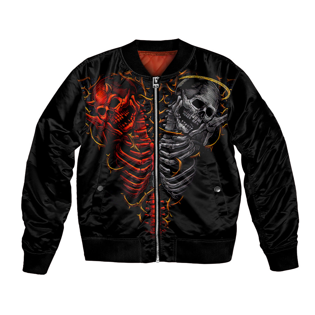 Black satin bomber jacket with front zipper and twin skull devil and angel graphic