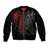 Black satin bomber jacket with front zipper and twin skull devil and angel graphic