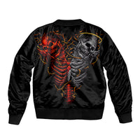 Black satin bomber jacket back view with large twin skull devil and angel graphic