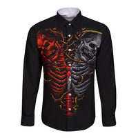 Black long sleeve button shirt with twin skeleton skull chest graphic, front view