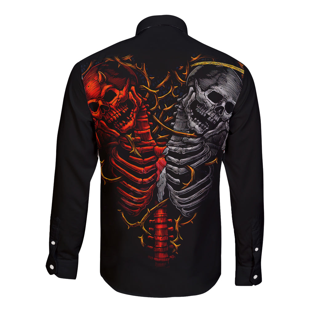 Black long sleeve button shirt with twin skull skeleton graphic, back view