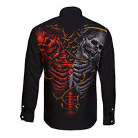 Black long sleeve button shirt with twin skull skeleton graphic, back view