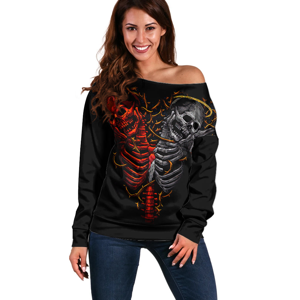 Skull Off Shoulder Sweater Devil And Angel Twin Skull - Wonder Print Shop