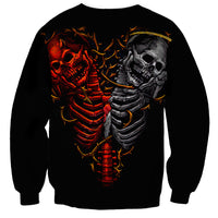 Black unisex crewneck sweatshirt with centered twin skull skeleton graphic in red and gray