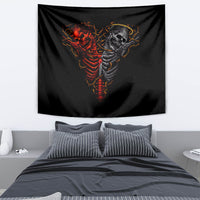 Black wall tapestry with devil and angel skull design in red and gray