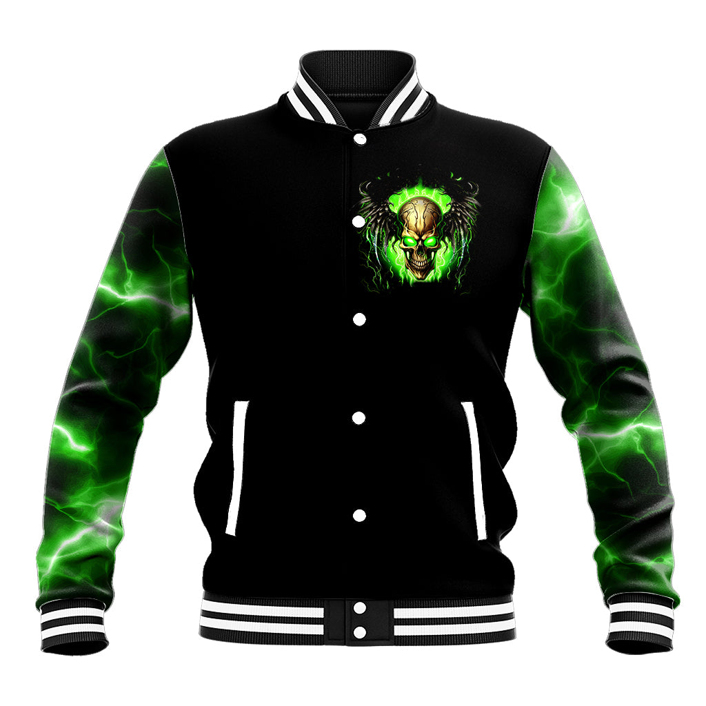 Black baseball jacket with green lightning sleeves, striped ribbed collar, skull chest graphic