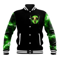 Black baseball jacket with green lightning sleeves, striped ribbed collar, skull chest graphic