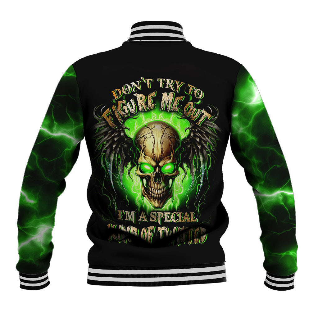 Black baseball jacket with green lightning sleeves, striped collar, skull back graphic