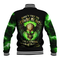 Black baseball jacket with green lightning sleeves, striped collar, skull back graphic