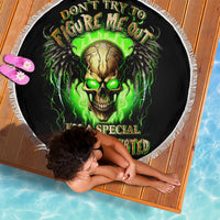 Round skull beach blanket, black with neon green glowing skull and white fringe edge