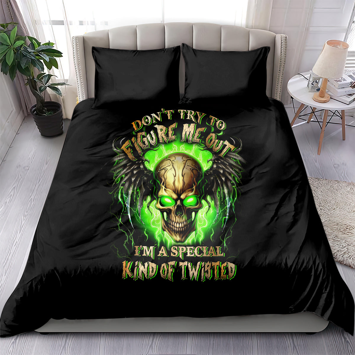 Black bedding set with green glowing skull graphic on duvet and matching pillowcases
