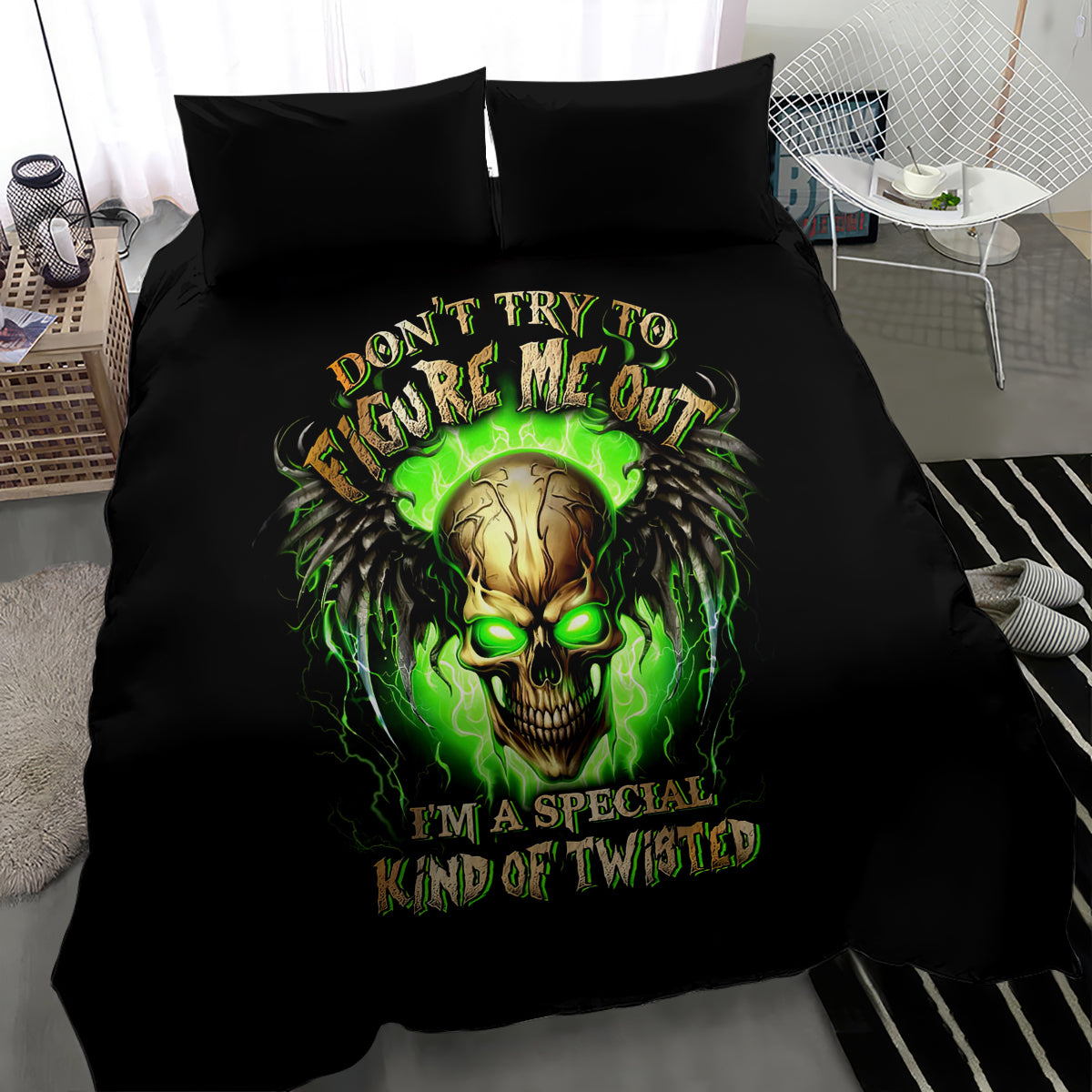 Black bedding set with green neon skull design on duvet and two matching pillowcases