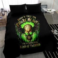 Black bedding set with green neon skull design on duvet and two matching pillowcases
