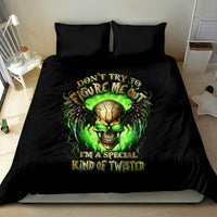 Black duvet and pillowcases featuring green glowing skull artwork