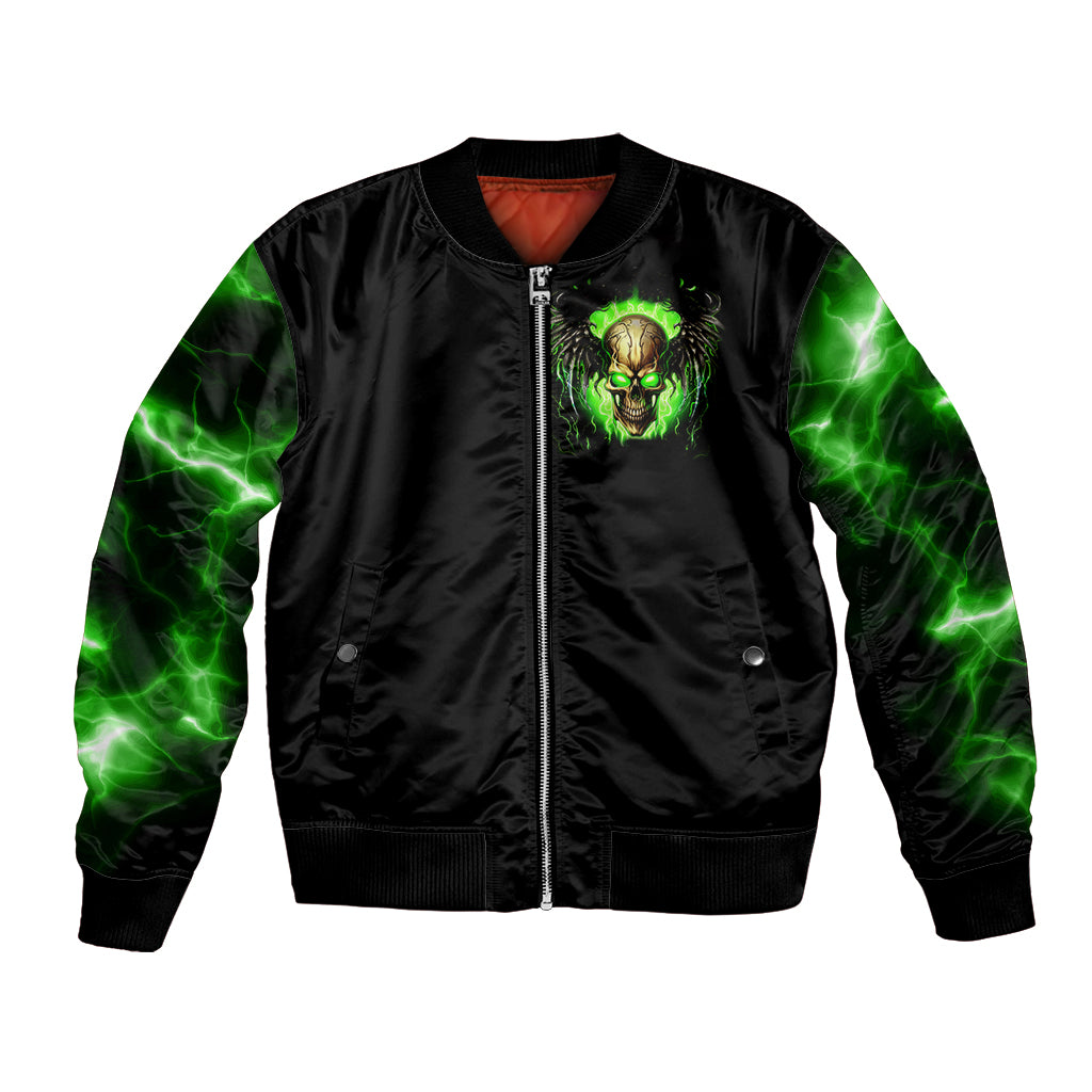 Black unisex bomber jacket front with green skull patch, zip-up front, ribbed hem