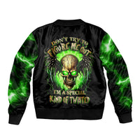 Black unisex bomber jacket with green skull graphic on back, ribbed collar and cuffs