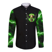 Black long sleeve button shirt with green skull chest graphic and lightning sleeve design