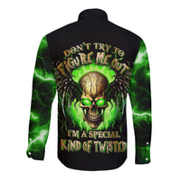 Black long sleeve button shirt with glowing skull back print and green lightning sleeves