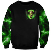 Black unisex skull sweatshirt with small green skull emblem