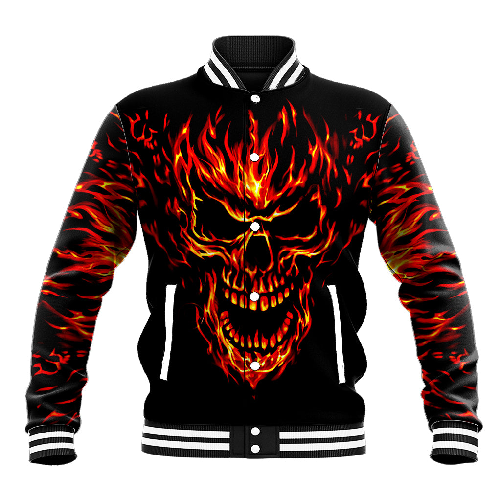 Black baseball jacket with flame skull graphic and ribbed striped collar and cuffs