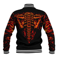 Black baseball jacket with flame skull graphic on back and ribbed striped waistband