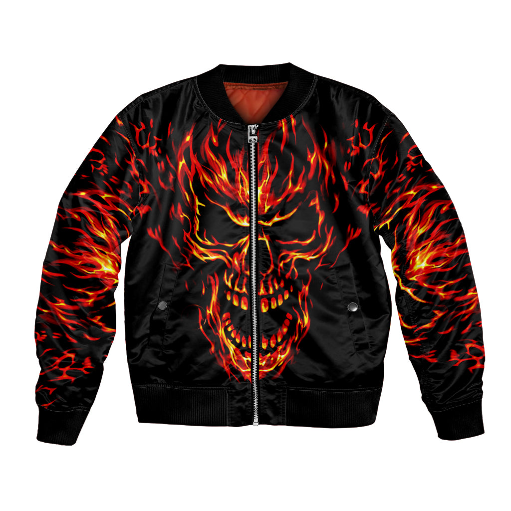 Black bomber jacket with front flame skull graphic and zip-up front