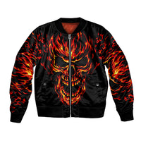 Black bomber jacket with front flame skull graphic and zip-up front