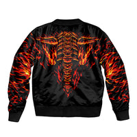 Black bomber jacket with back flame skull graphic, ribbed collar and hem