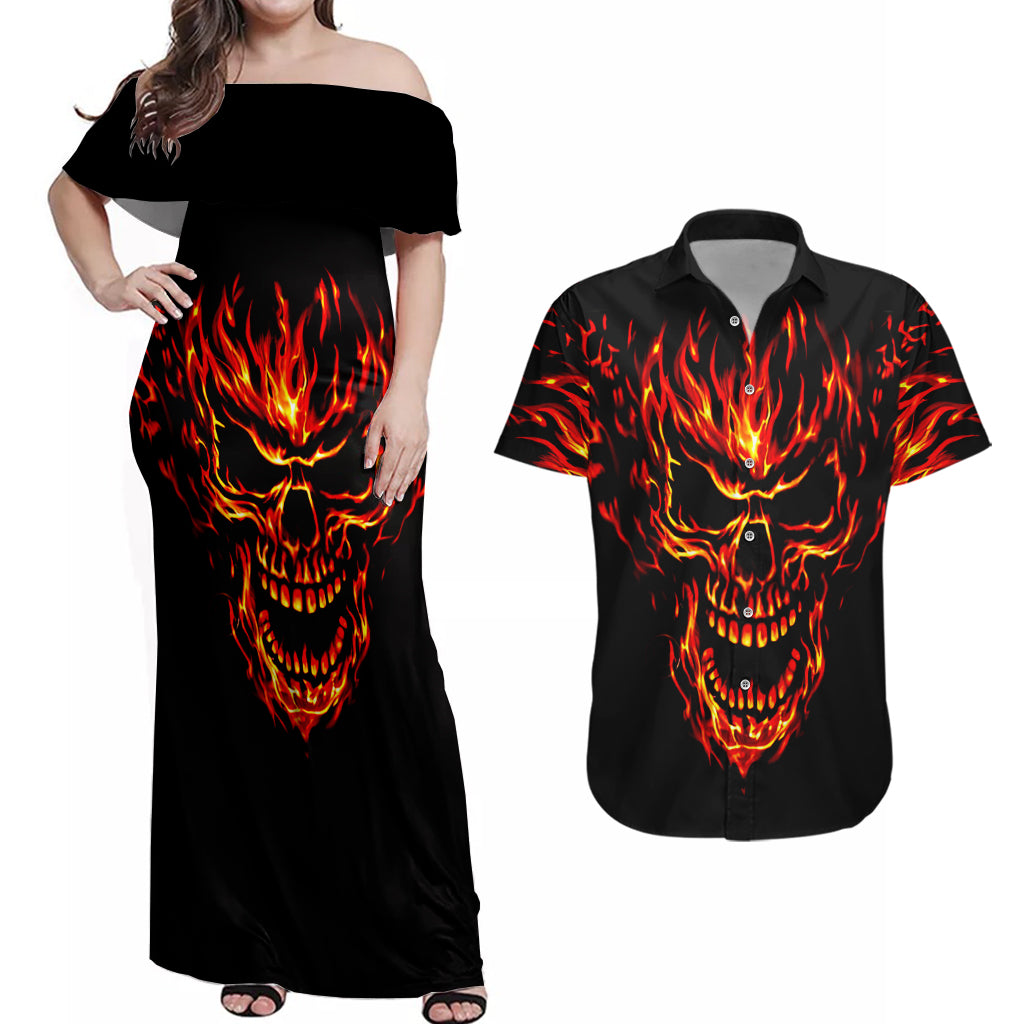 Flame Skull Couples Matching Off Shoulder Maxi Dress and Hawaiian Shirt SKull Face Inside Me - Wonder Print Shop