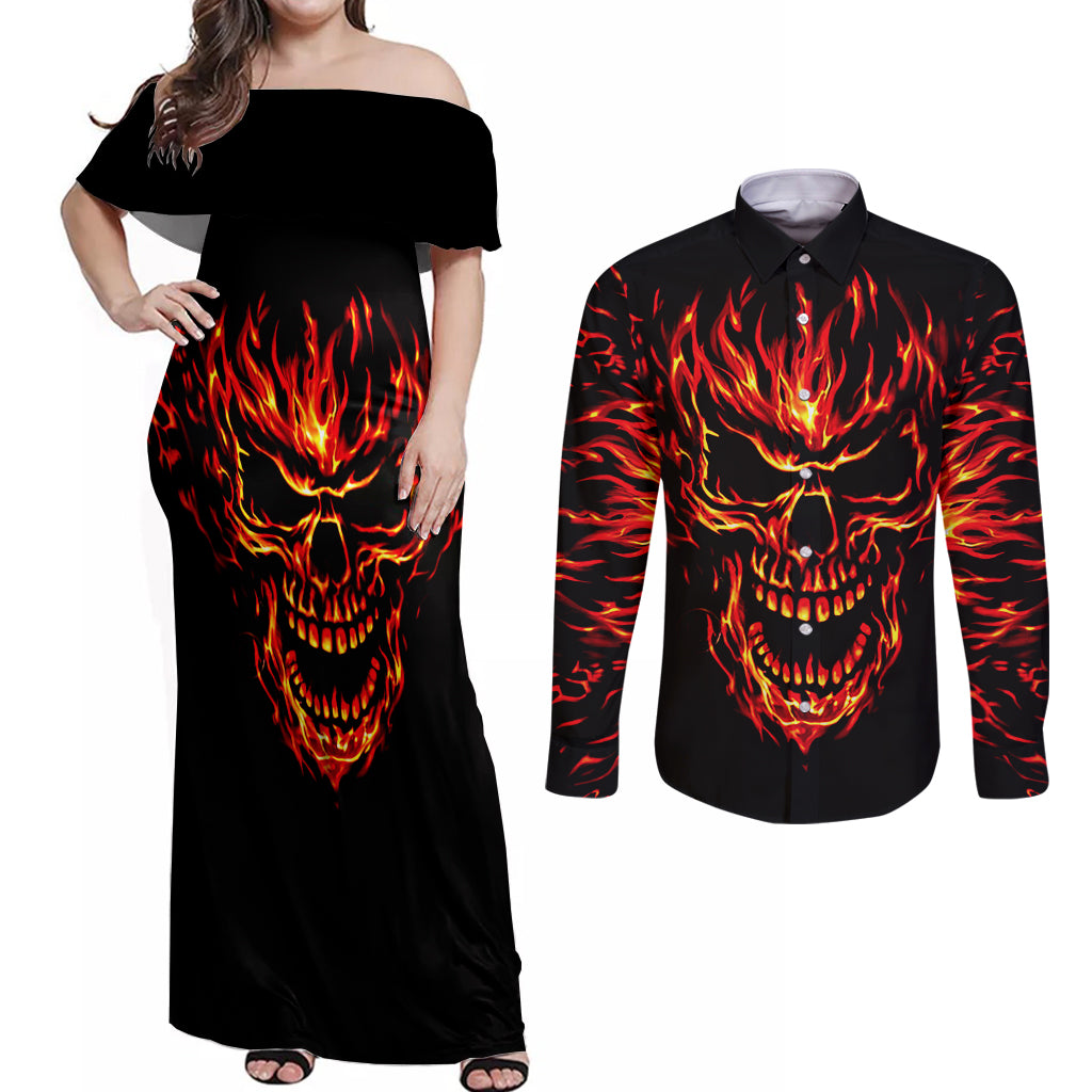 Flame Skull Couples Matching Off Shoulder Maxi Dress and Long Sleeve Button Shirts SKull Face Inside Me - Wonder Print Shop