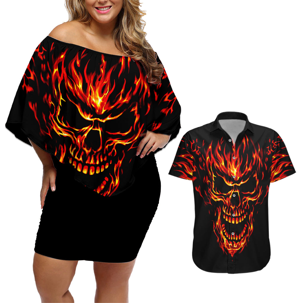 Flame Skull Couples Matching Off Shoulder Short Dress and Hawaiian Shirt SKull Face Inside Me - Wonder Print Shop