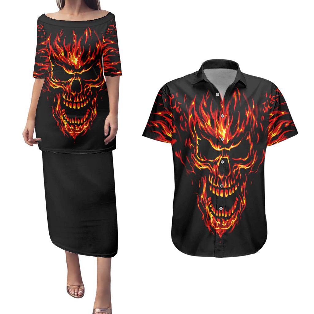 Flame Skull Couples Matching Puletasi Dress and Hawaiian Shirt SKull Face Inside Me - Wonder Print Shop